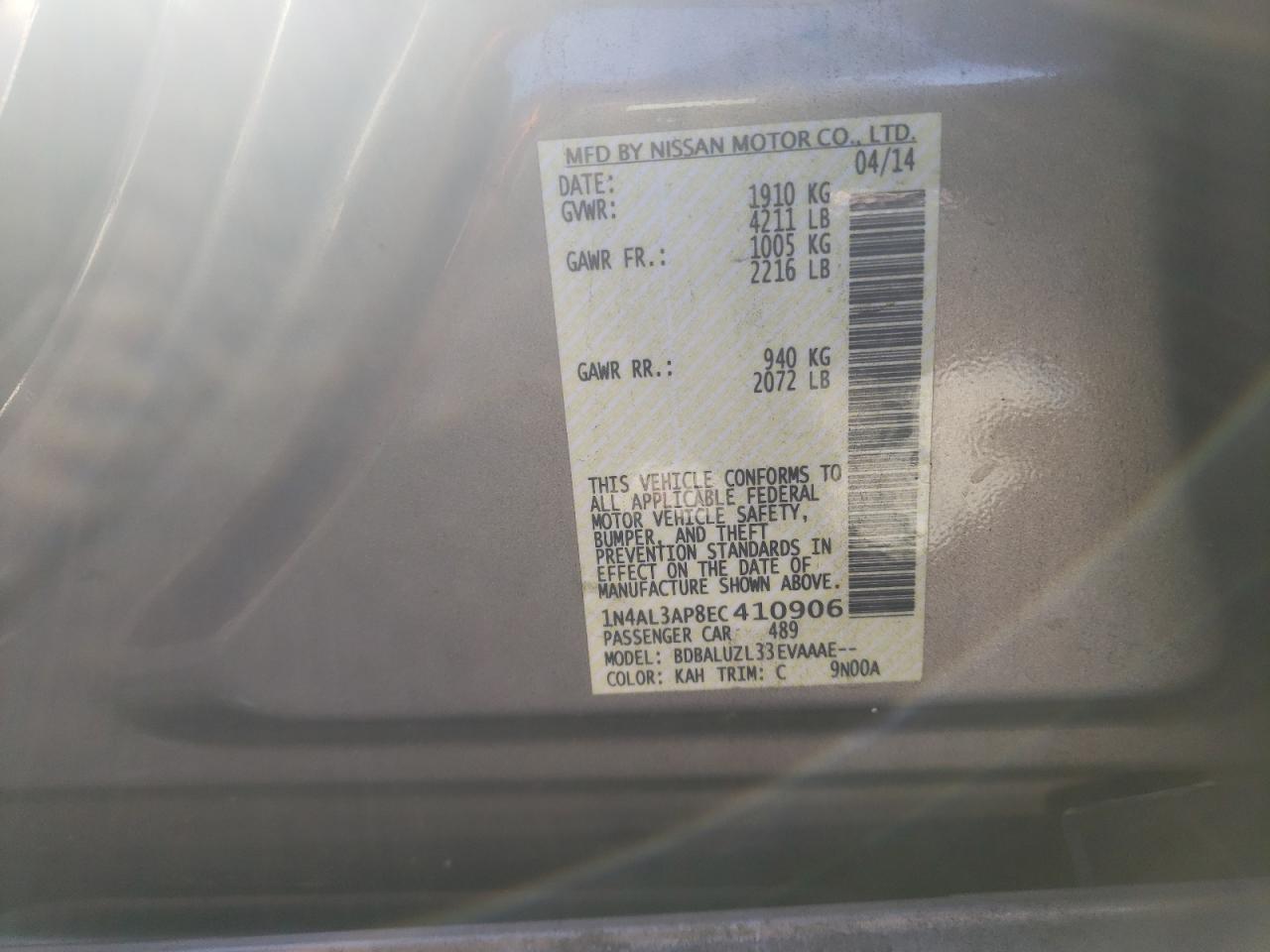 Photo 10 from auction – 2014 NISSAN ALTIMA with VIN 1N4AL3AP8EC410906