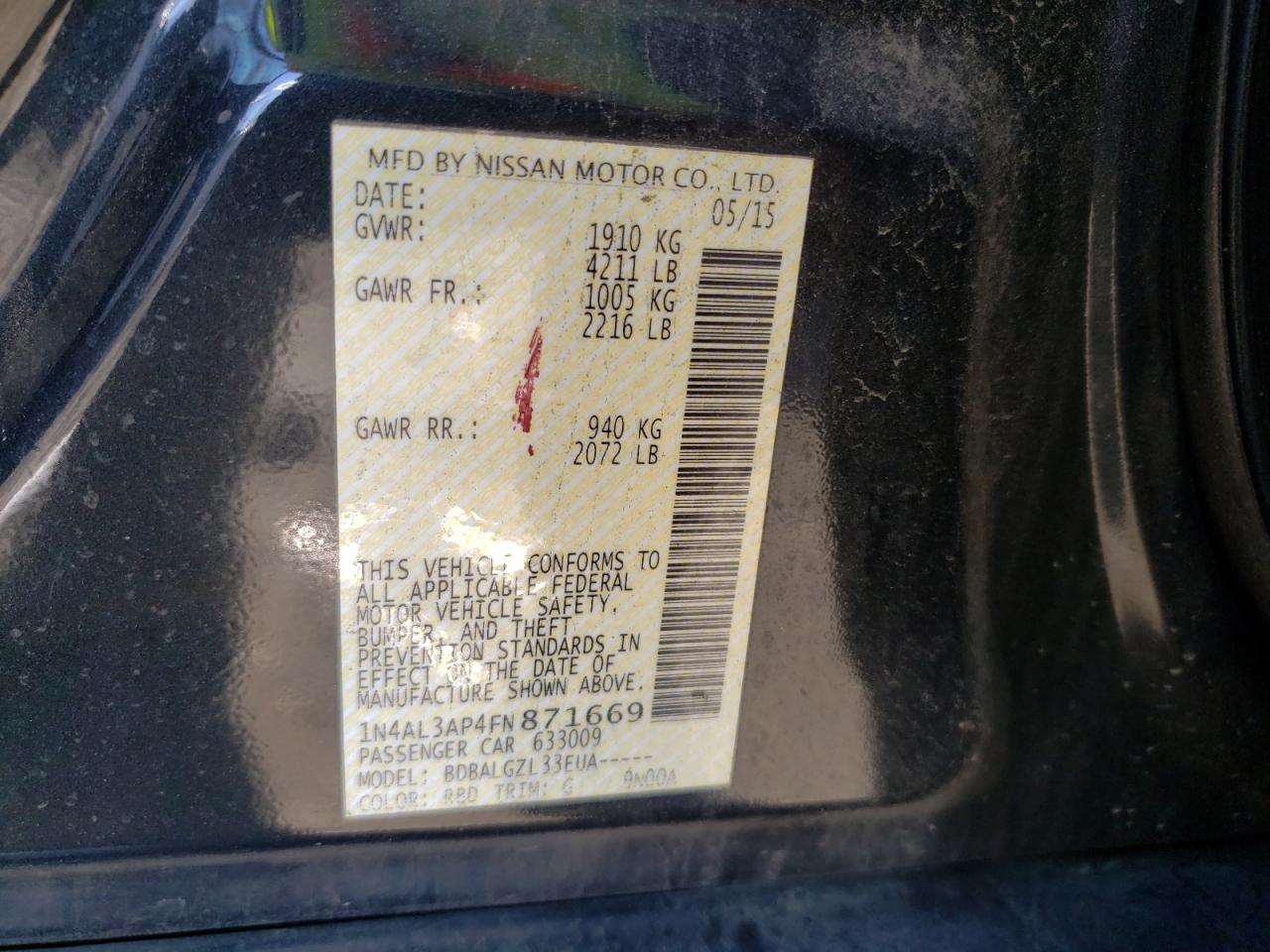 Photo 10 from auction – 2015 NISSAN ALTIMA 2.5 with VIN 1N4AL3AP4FN871669