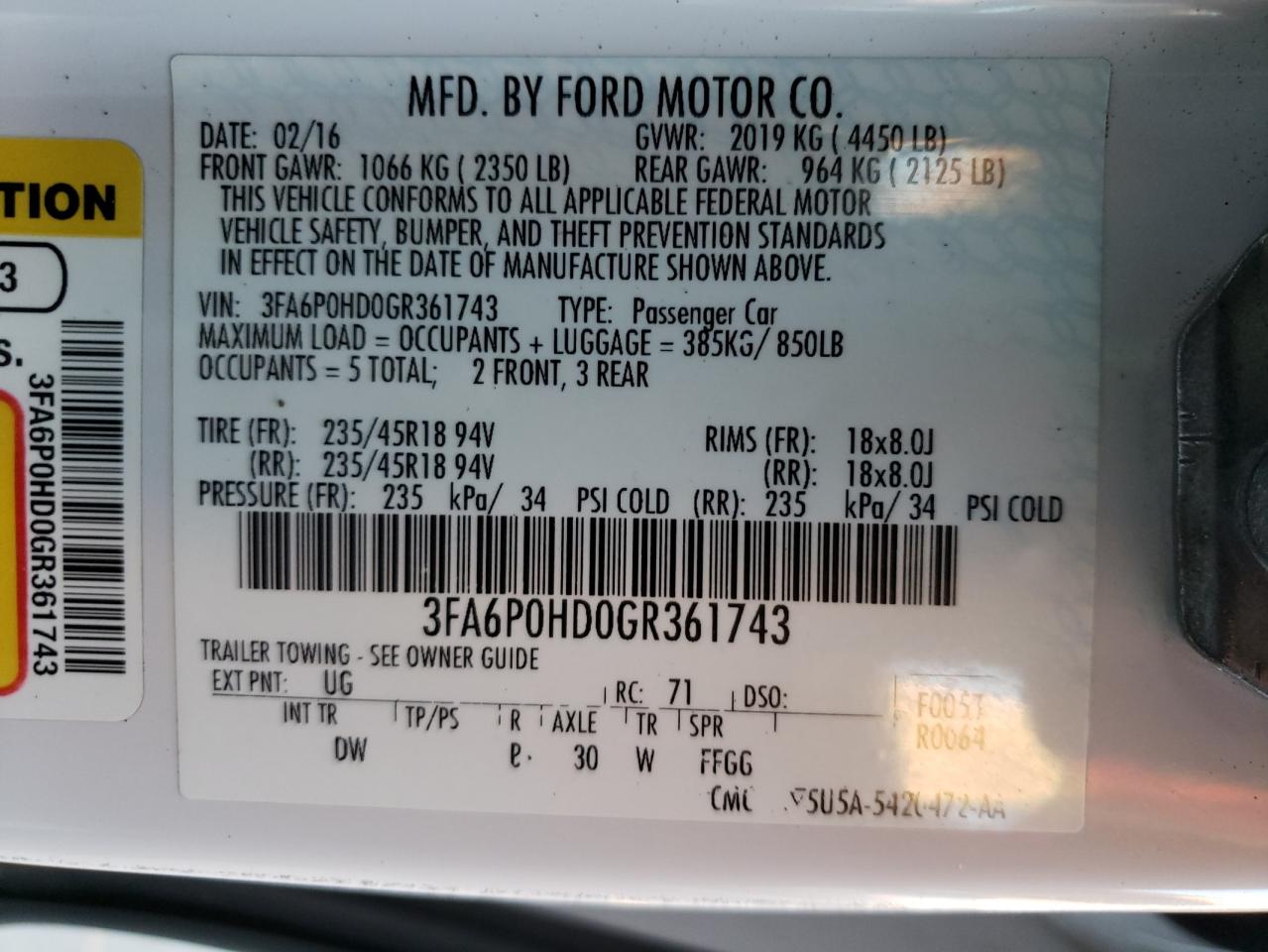 Photo 10 from auction – 2016 FORD FUSION SE with VIN 3FA6P0HD0GR361743