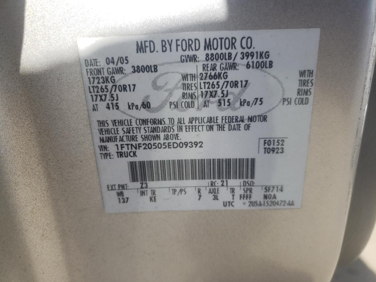 Photo 10 from auction – 2005 FORD F250 SUPER with VIN 1FTNF20505ED09392