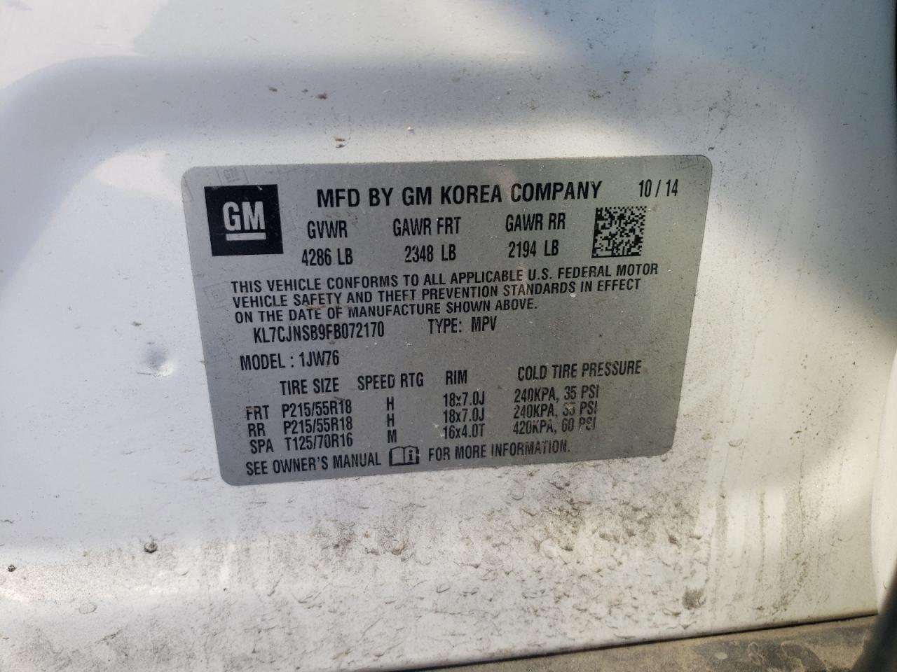 Photo 10 from auction – 2015 CHEVROLET TRAX LTZ with VIN KL7CJNSB9FB072170