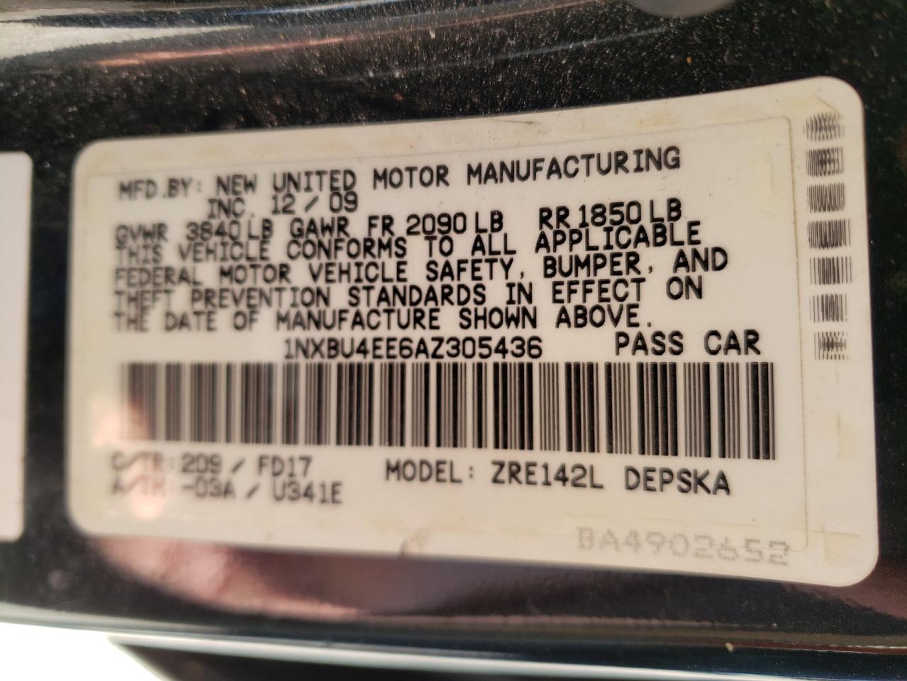 Photo 10 from auction – 2010 TOYOTA COROLLA BA with VIN 1NXBU4EE6AZ305436