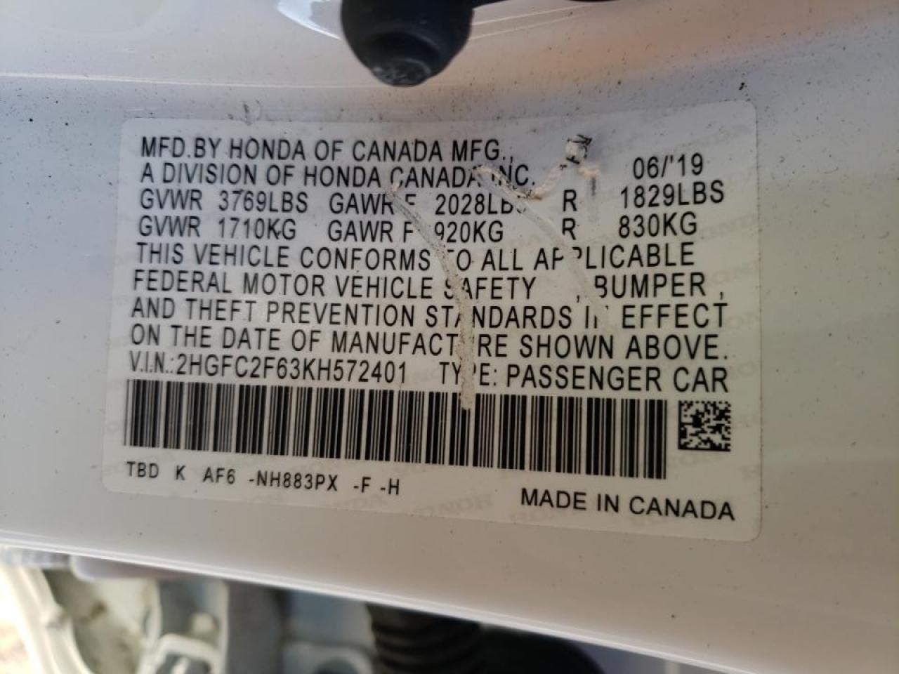 Photo 10 from auction – 2019 HONDA CIVIC LX with VIN 2HGFC2F63KH572401