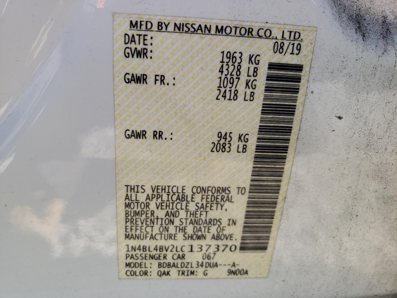 Photo 10 from auction – 2020 NISSAN ALTIMA S with VIN 1N4BL4BV2LC137370