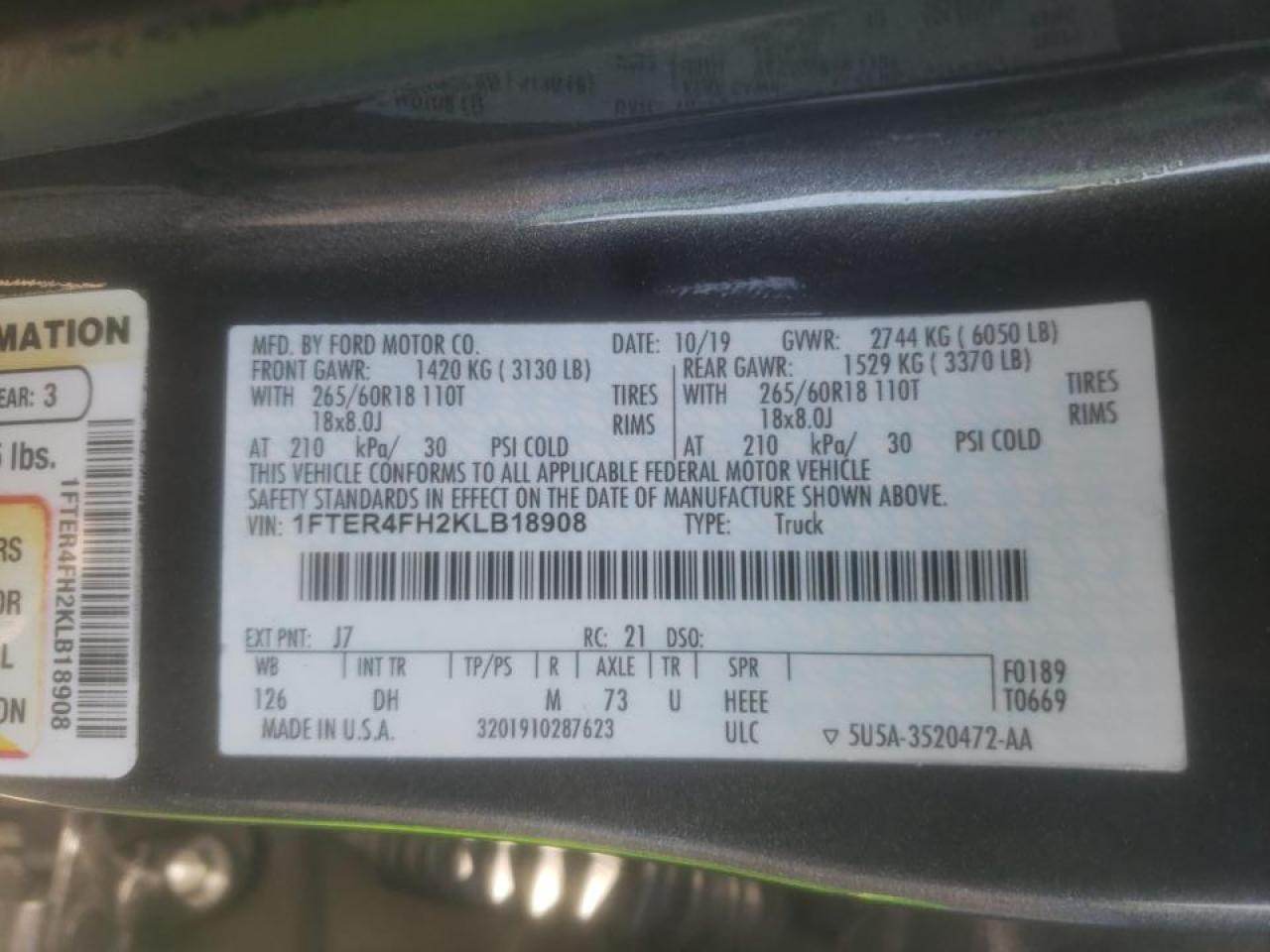 Photo 10 from auction – 2019 FORD RANGER XL with VIN 1FTER4FH2KLB18908