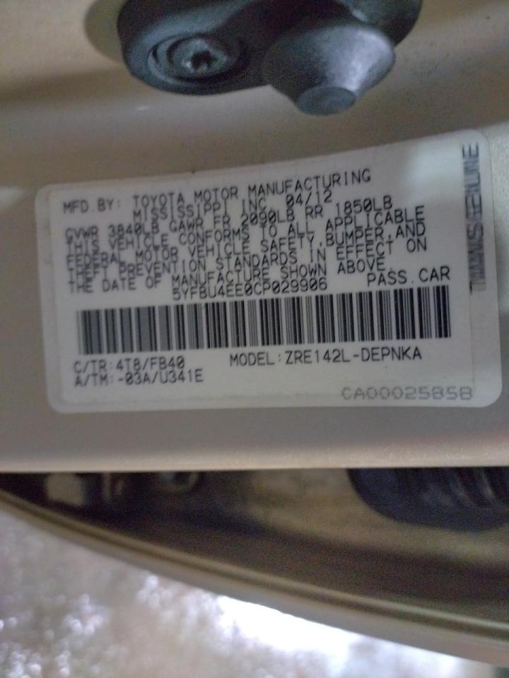 Photo 10 from auction – 2012 TOYOTA COROLLA BA with VIN 5YFBU4EE0CP029906