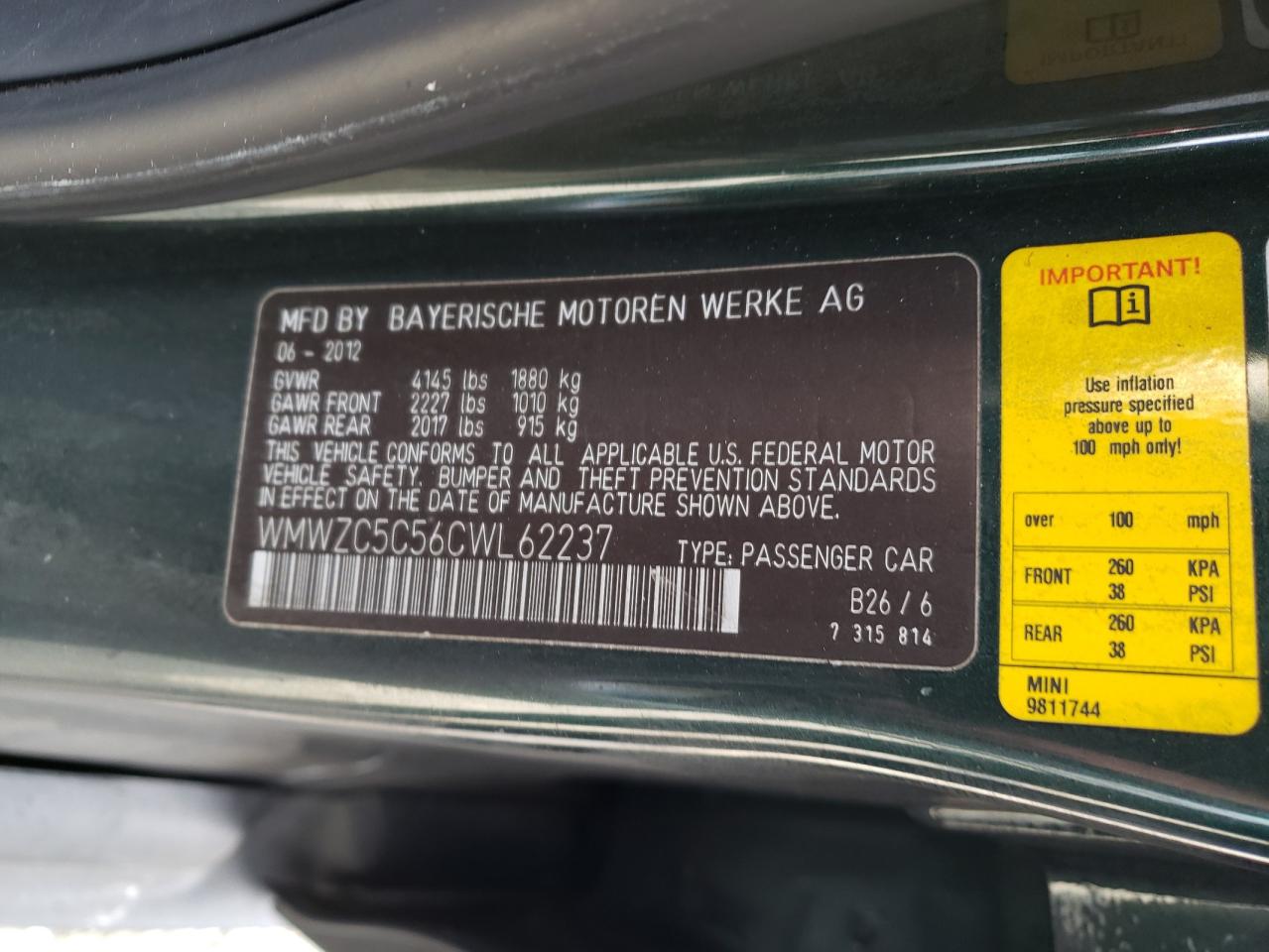Photo 10 from auction – 2012 MINI COOPER COU with VIN WMWZC5C56CWL62237