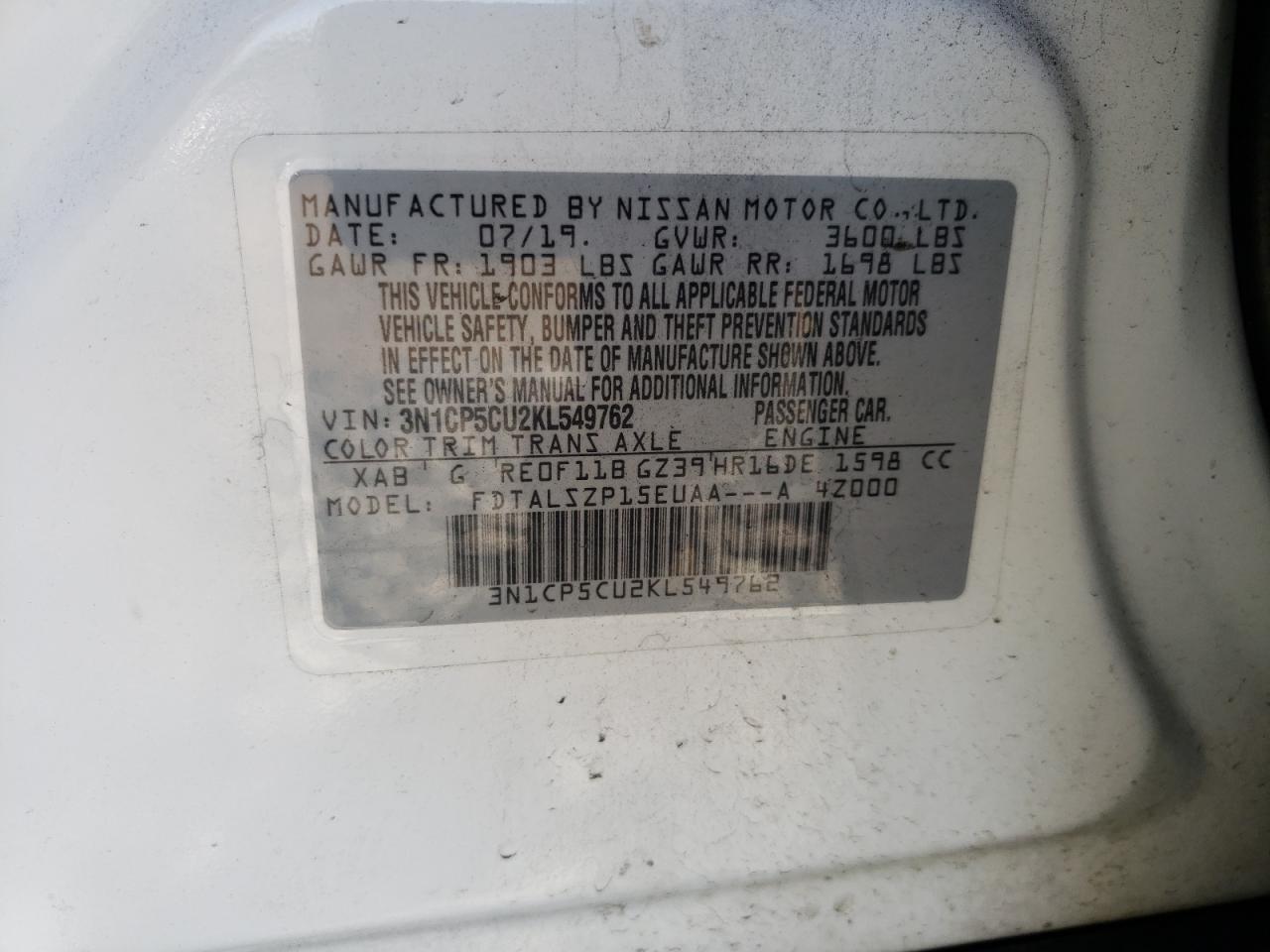 Photo 10 from auction – 2019 NISSAN KICKS S with VIN 3N1CP5CU2KL549762
