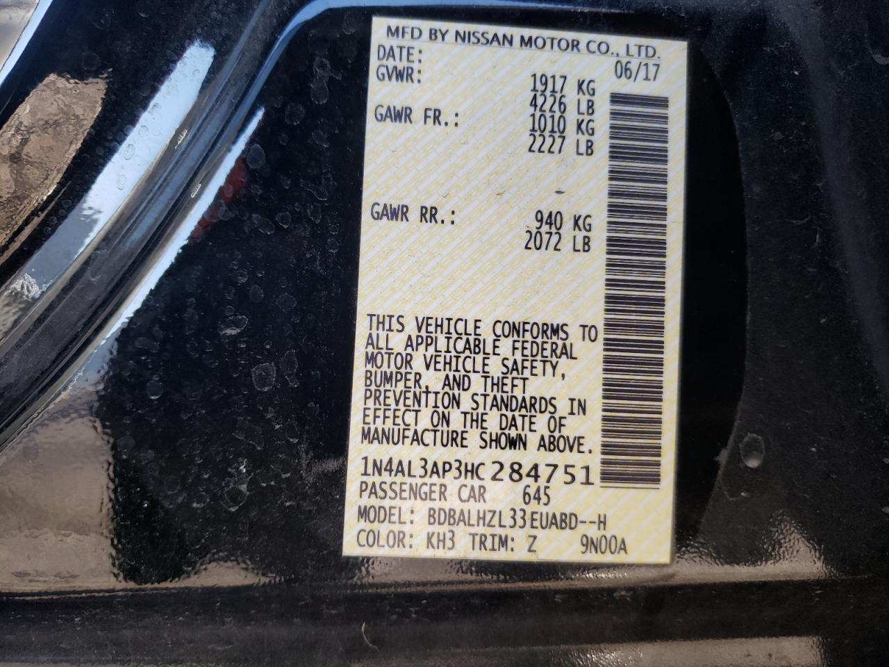 Photo 10 from auction – 2017 NISSAN ALTIMA 2.5 with VIN 1N4AL3AP3HC284751