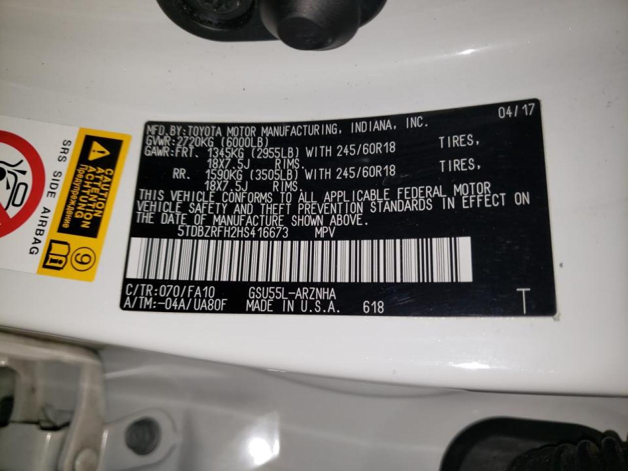 Photo 10 from auction – 2017 TOYOTA HIGHLANDER with VIN 5TDBZRFH2HS416673