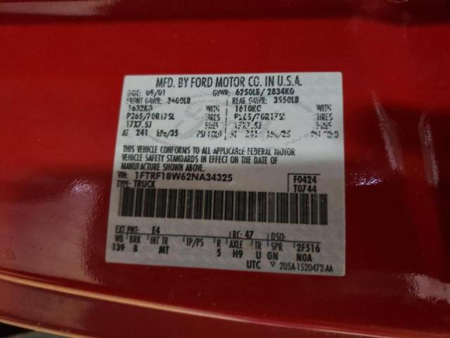 Photo 10 from auction – 2002 FORD F150 with VIN 1FTRF18W62NA34325