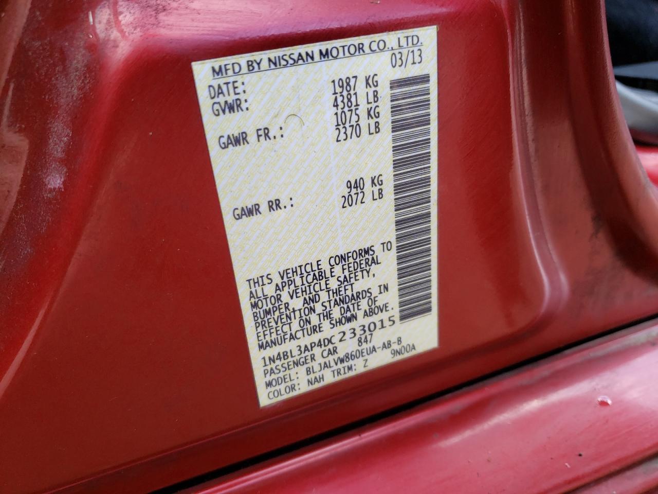 Photo 10 from auction – 2013 NISSAN ALTIMA 3.5 with VIN 1N4BL3AP4DC233015