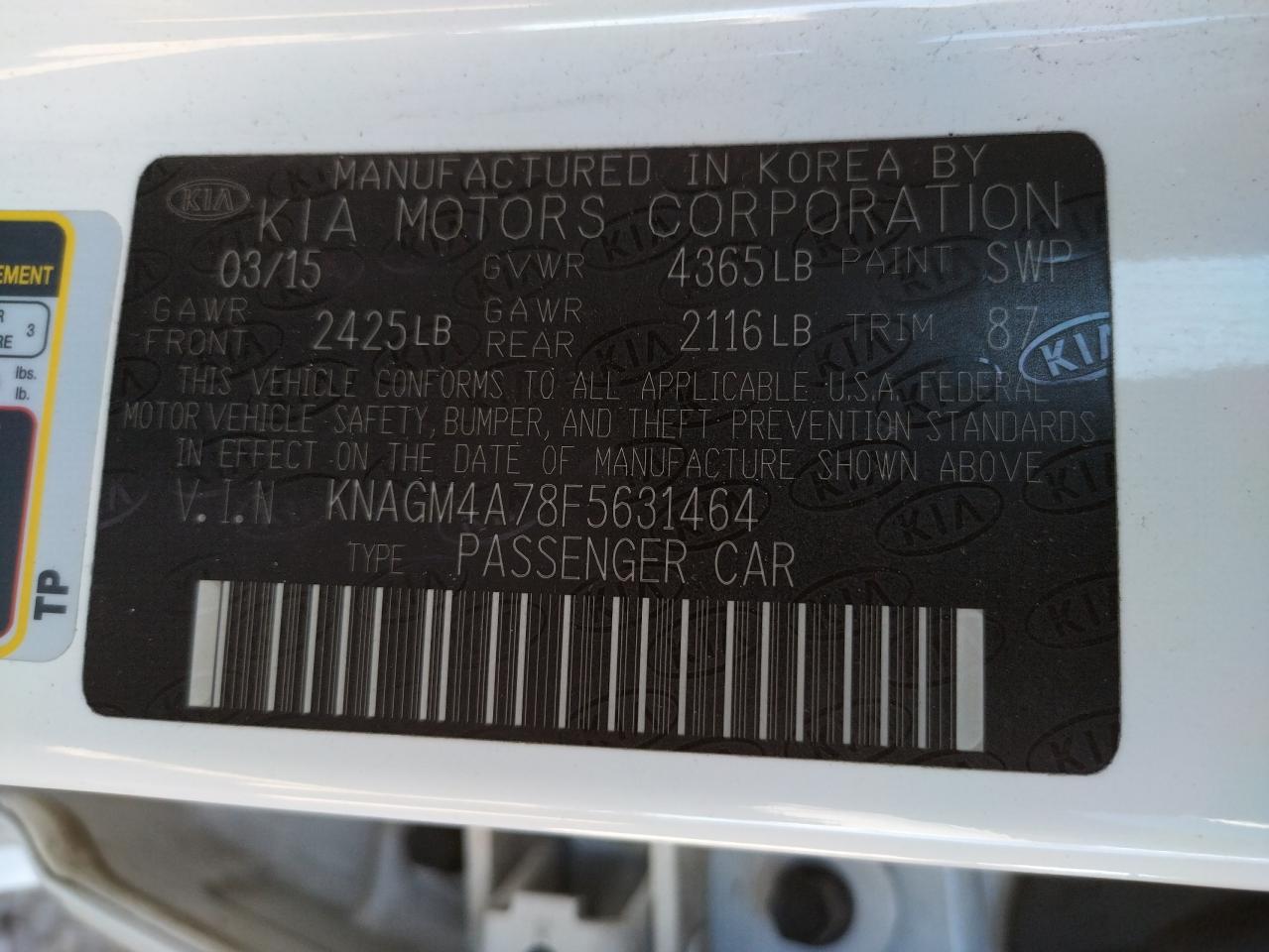 Photo 10 from auction – 2015 KIA OPTIMA LX with VIN KNAGM4A78F5631464