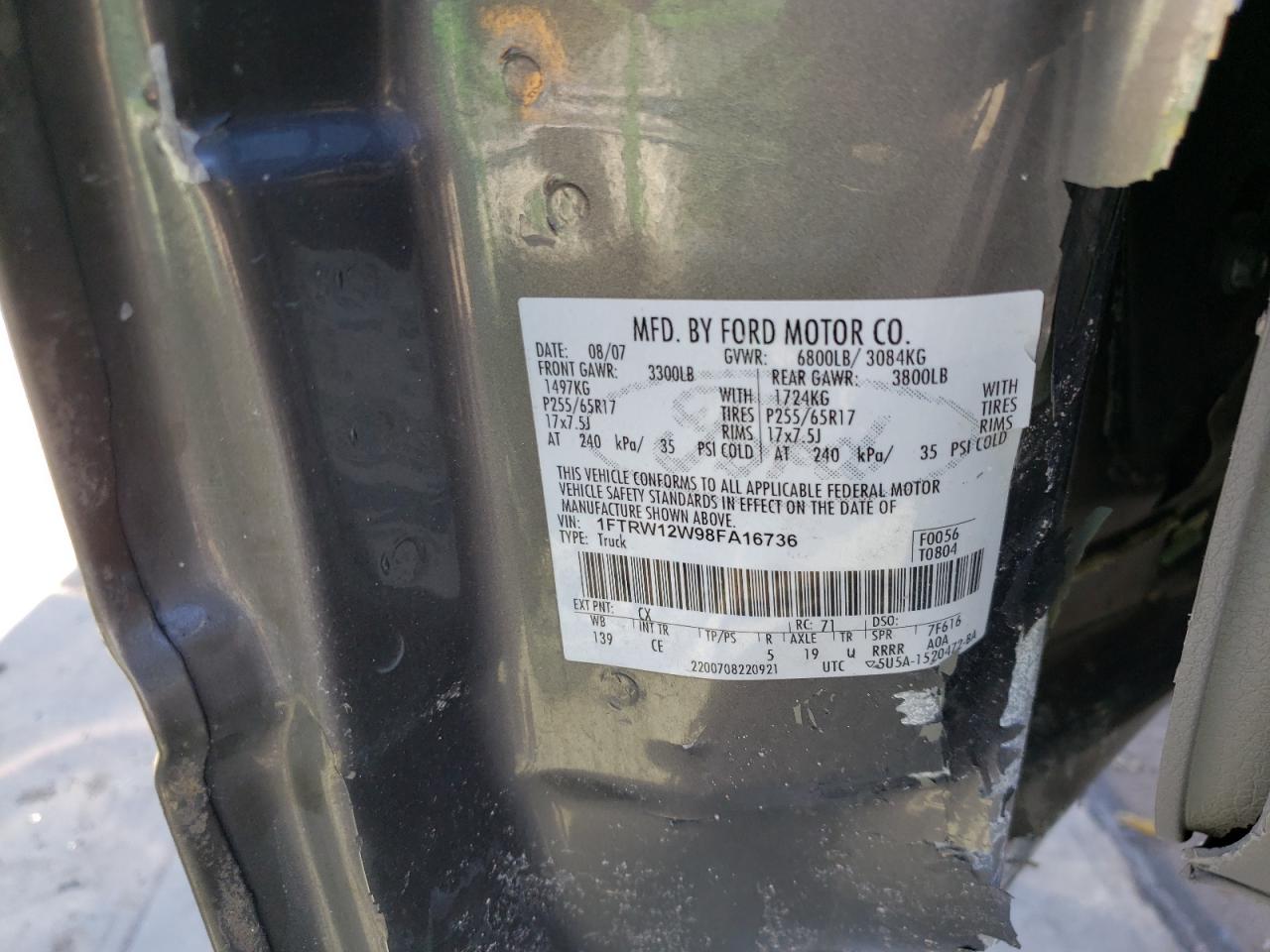 Photo 10 from auction – 2008 FORD F150 SUPER with VIN 1FTRW12W98FA16736