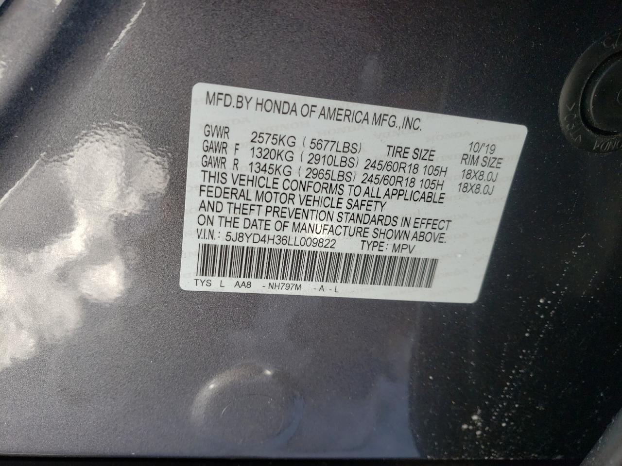 Photo 10 from auction – 2020 ACURA MDX with VIN 5J8YD4H36LL009822