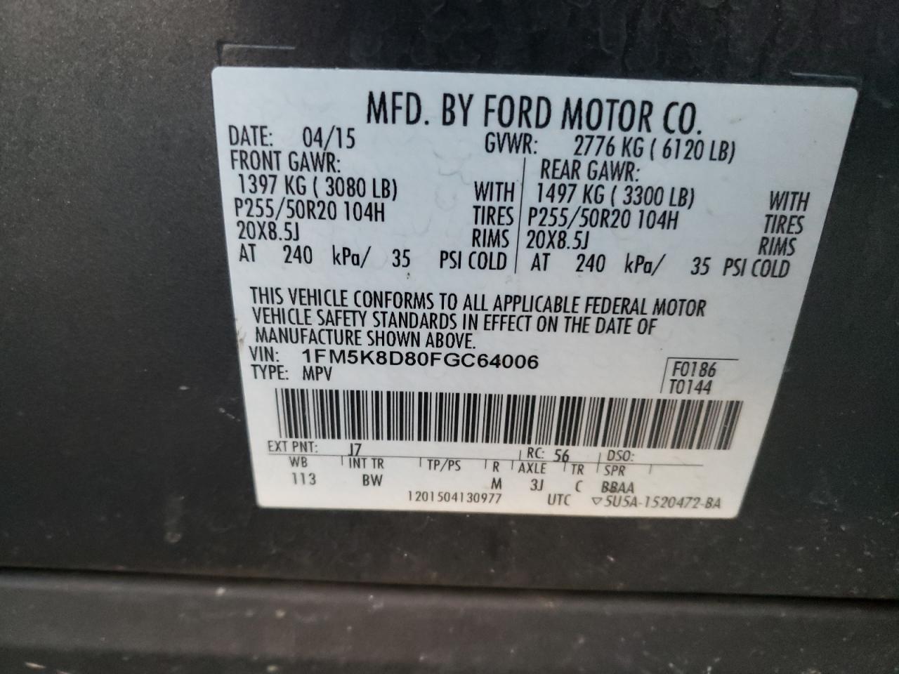 Photo 10 from auction – 2015 FORD EXPLORER X with VIN 1FM5K8D80FGC64006