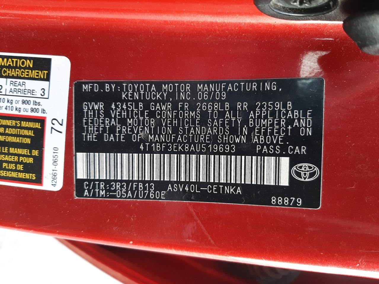Photo 10 from auction – 2010 TOYOTA CAMRY BASE with VIN 4T1BF3EK8AU519693