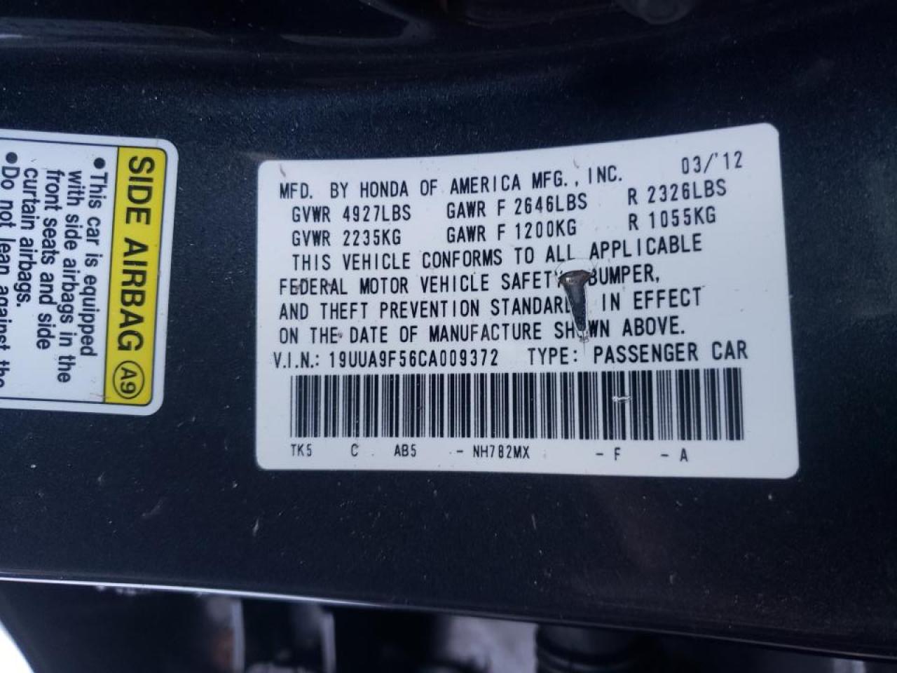 Photo 10 from auction – 2012 ACURA TL with VIN 19UUA9F56CA009372
