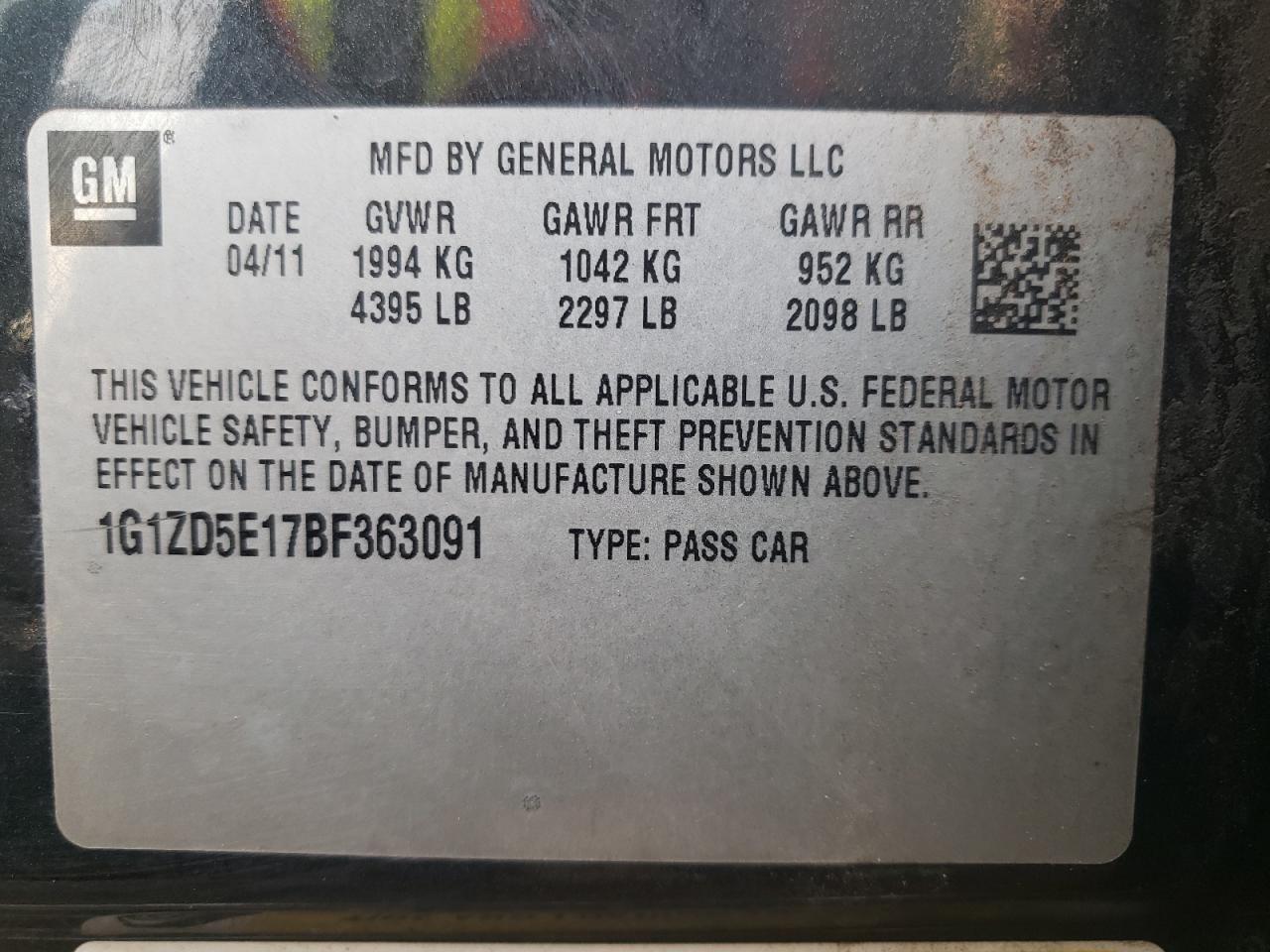Photo 10 from auction – 2011 CHEVROLET MALIBU 2LT with VIN 1G1ZD5E17BF363091