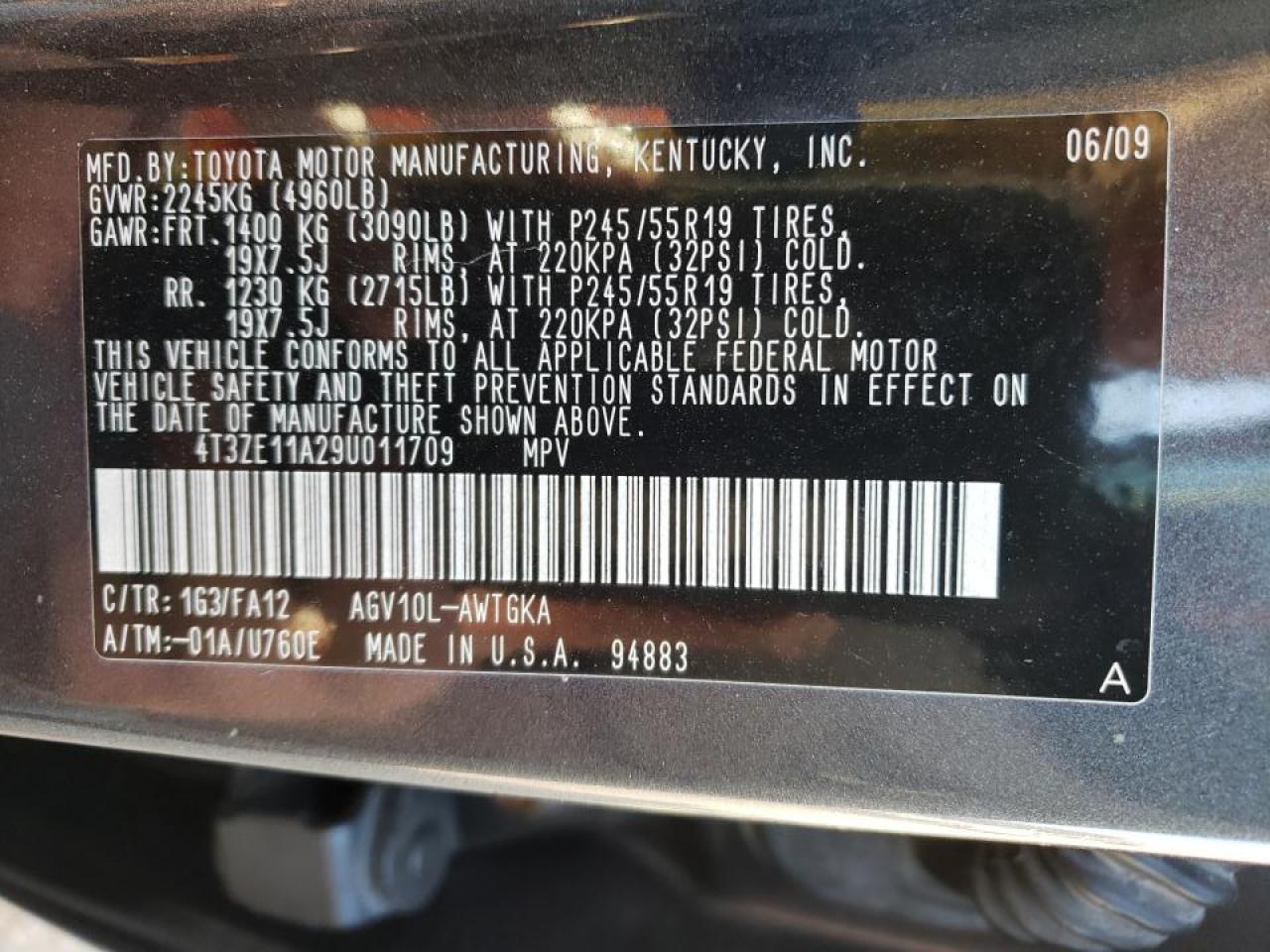Photo 10 from auction – 2009 TOYOTA VENZA with VIN 4T3ZE11A29U011709