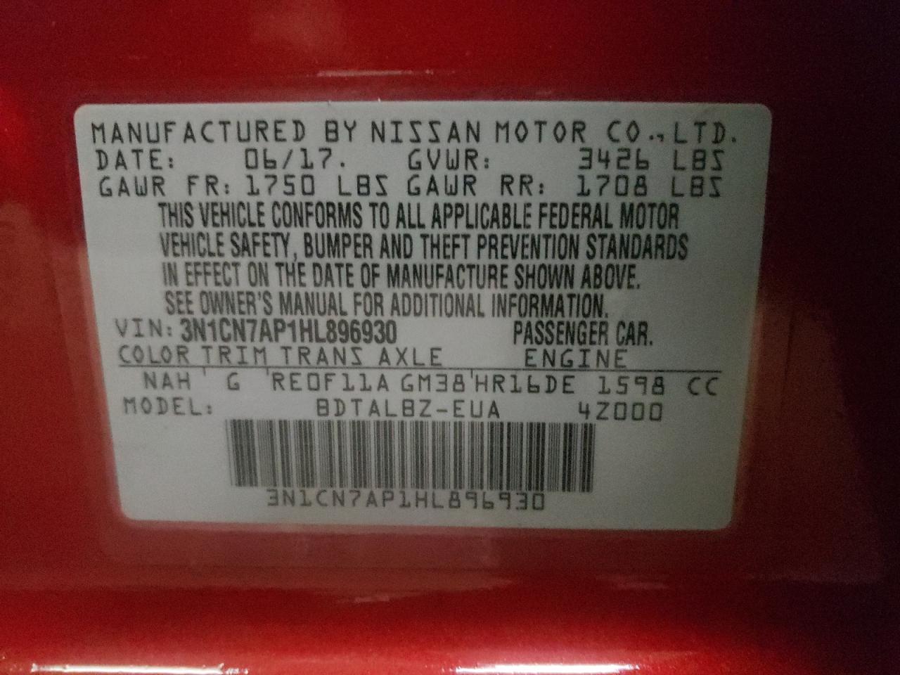 Photo 10 from auction – 2017 NISSAN VERSA S with VIN 3N1CN7AP1HL896930