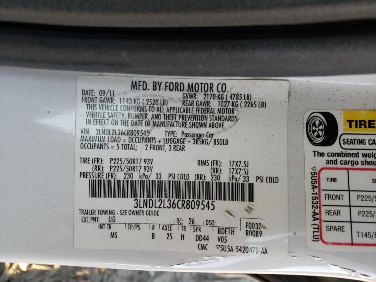 Photo 10 from auction – 2012 LINCOLN MKZ HYBRID with VIN 3LNDL2L36CR809545