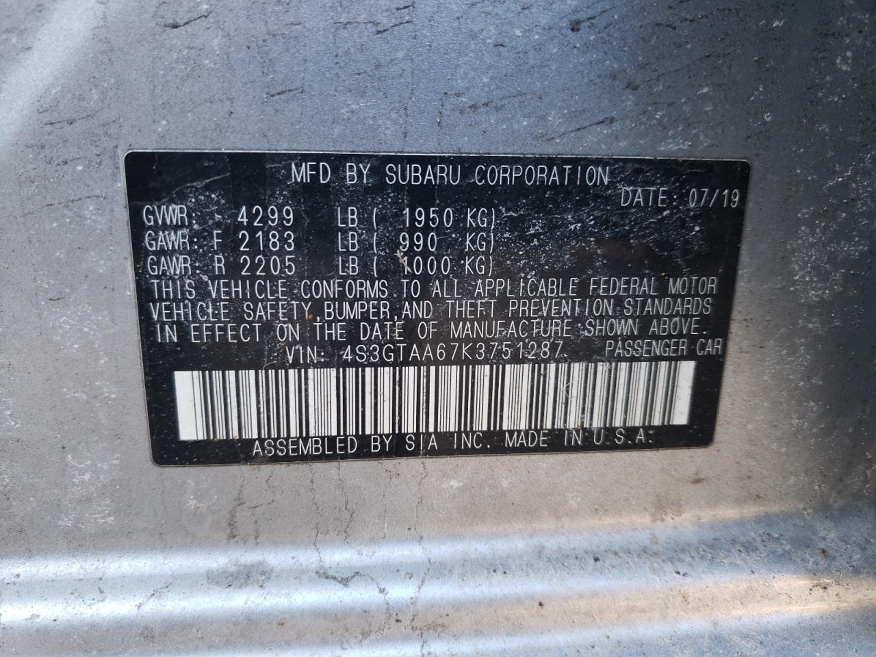 Photo 10 from auction – 2019 SUBARU IMPREZA with VIN 4S3GTAA67K3751287