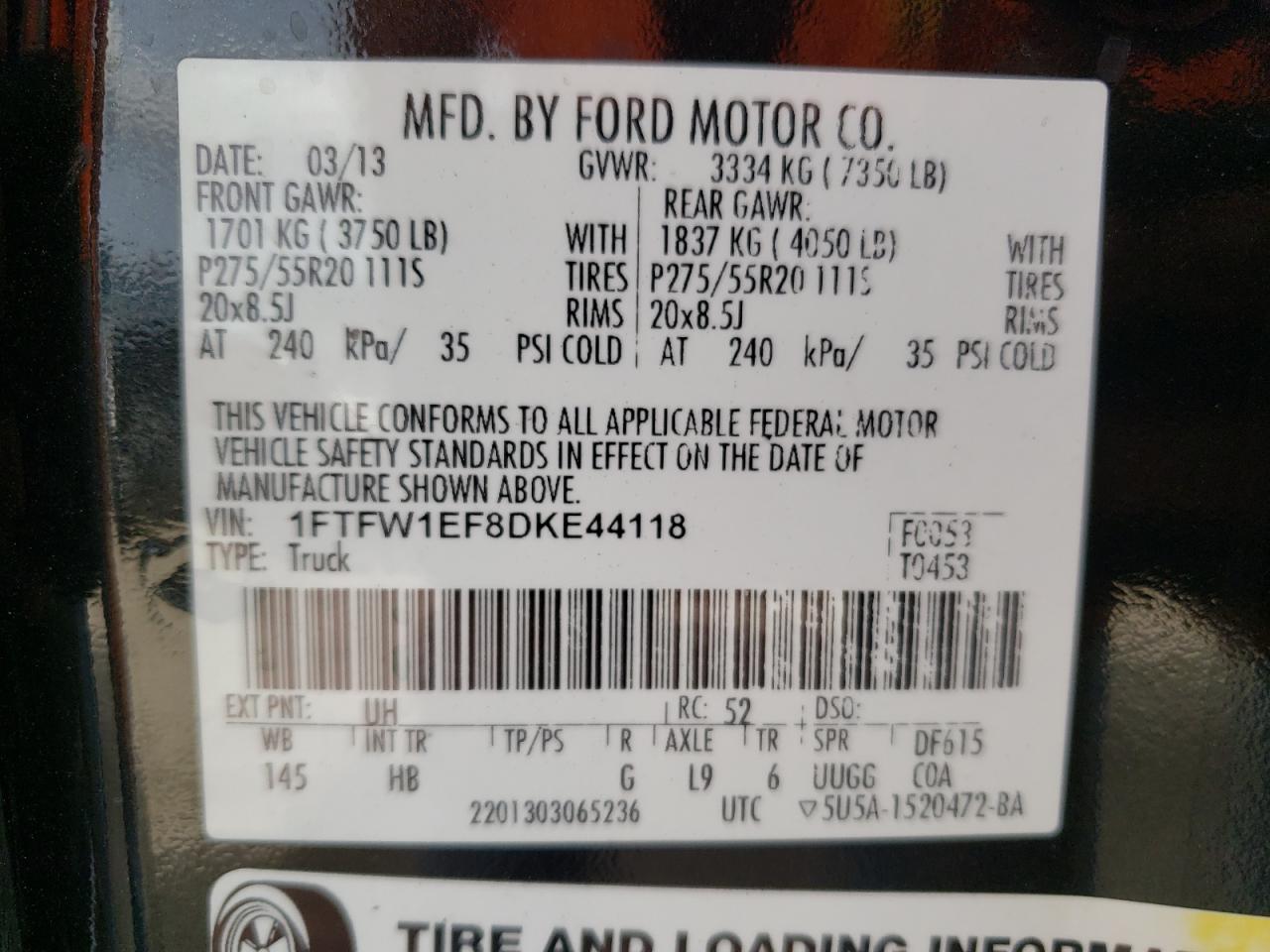 Photo 10 from auction – 2013 FORD F150 SUPER with VIN 1FTFW1EF8DKE44118