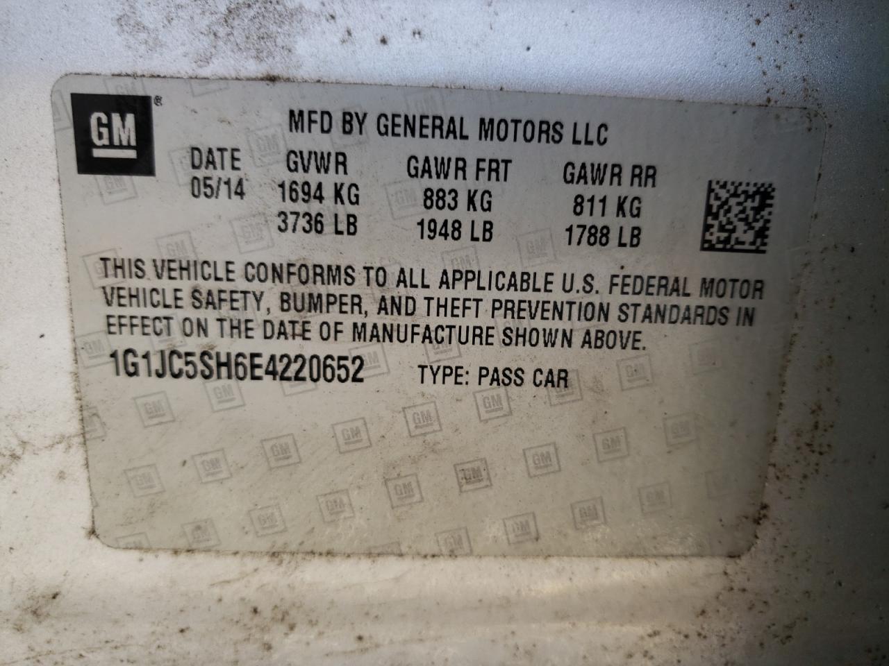 Photo 10 from auction – 2014 CHEVROLET SONIC LT with VIN 1G1JC5SH6E4220652
