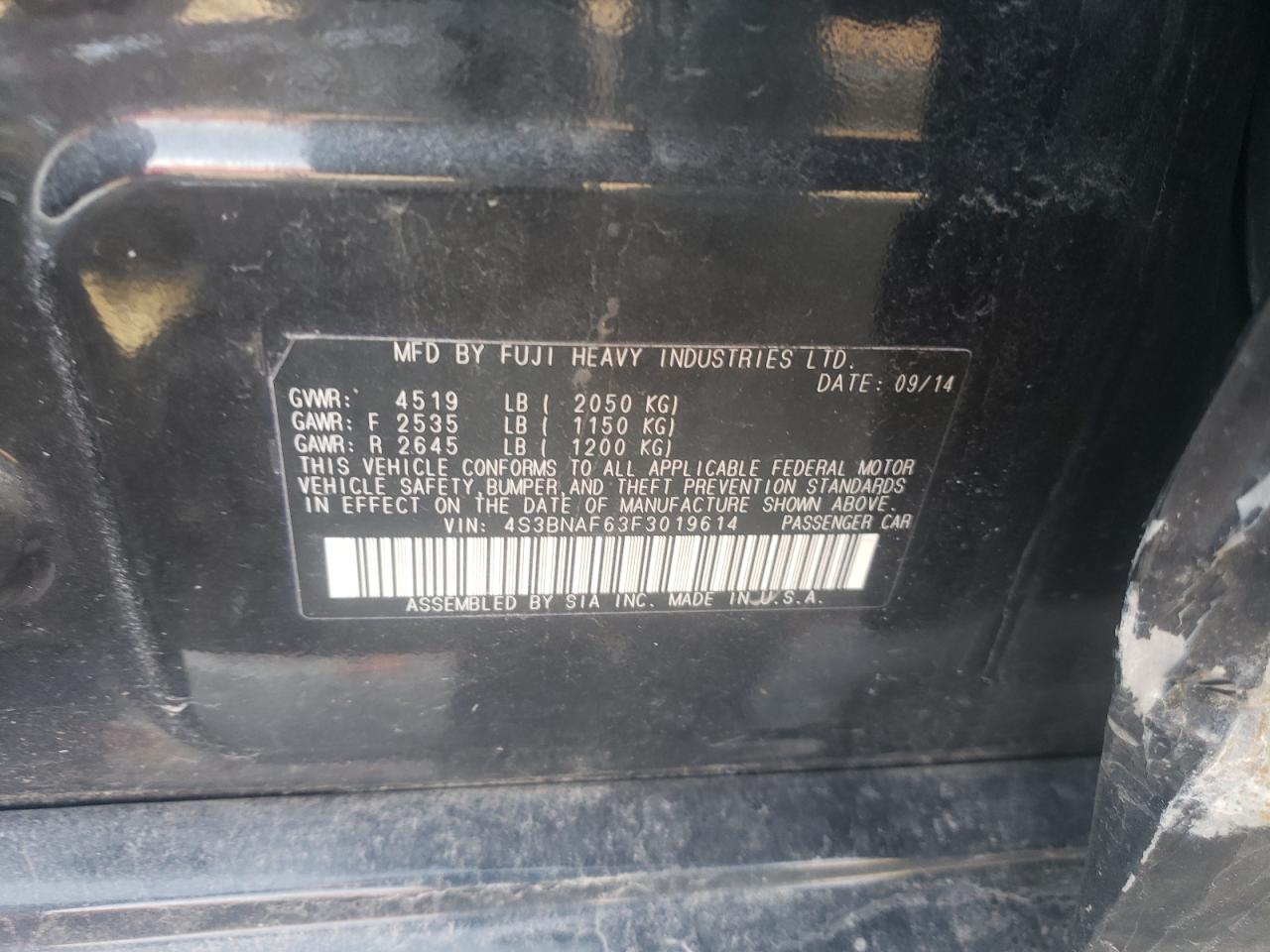 Photo 10 from auction – 2015 SUBARU LEGACY 2.5 with VIN 4S3BNAF63F3019614