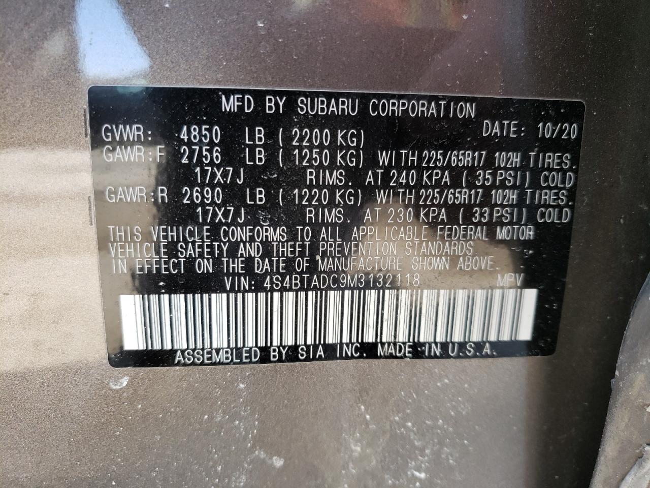 Photo 10 from auction – 2021 SUBARU OUTBACK PR with VIN 4S4BTADC9M3132118