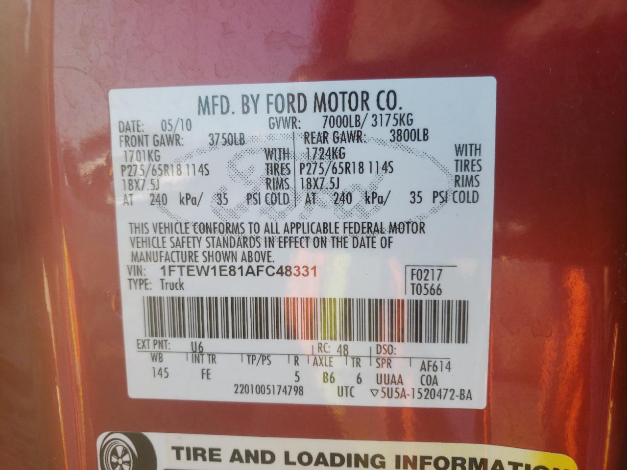 Photo 10 from auction – 2010 FORD F150 SUPER with VIN 1FTEW1E81AFC48331