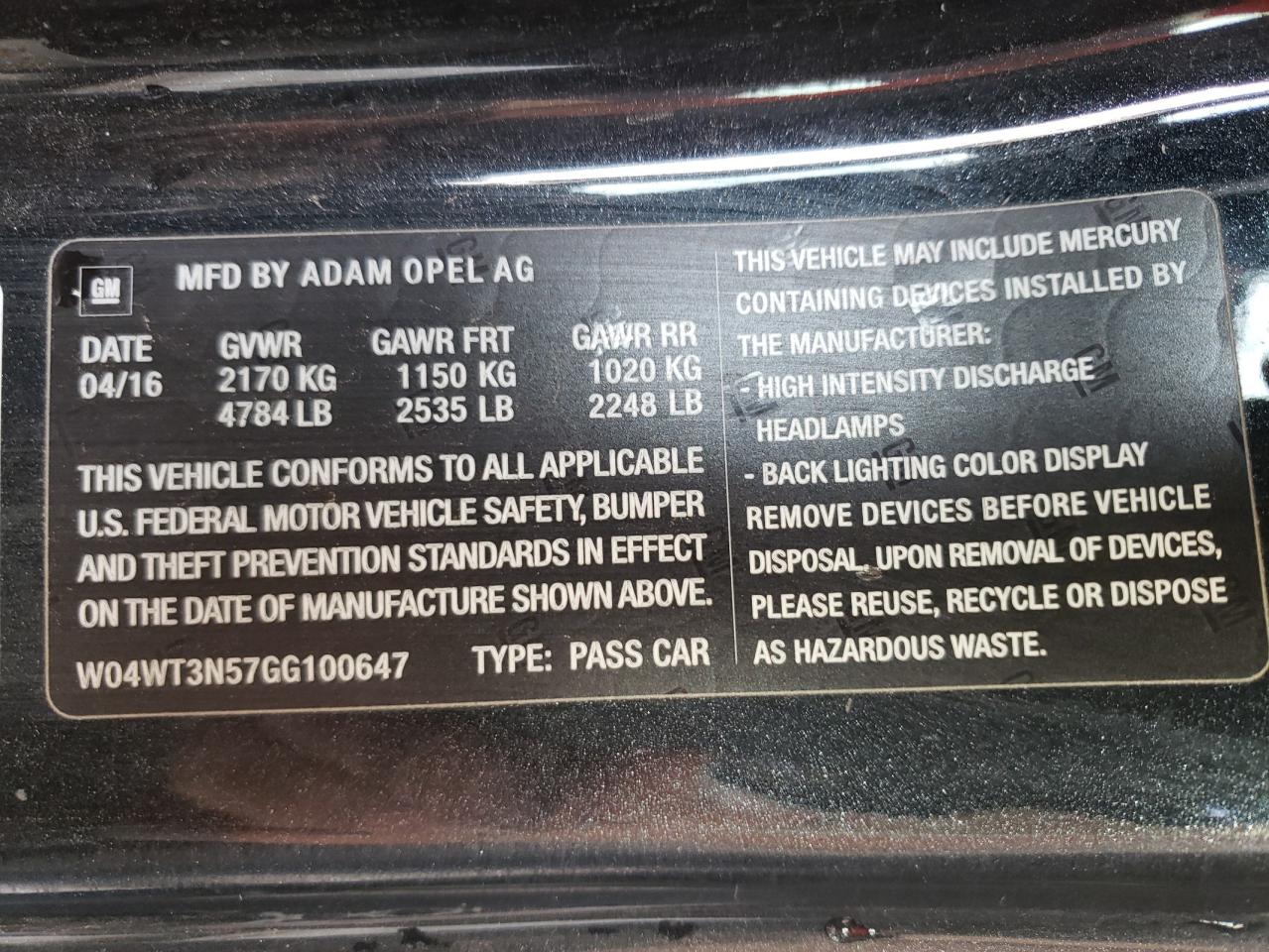 Photo 10 from auction – 2016 BUICK CASCADA PR with VIN W04WT3N57GG100647