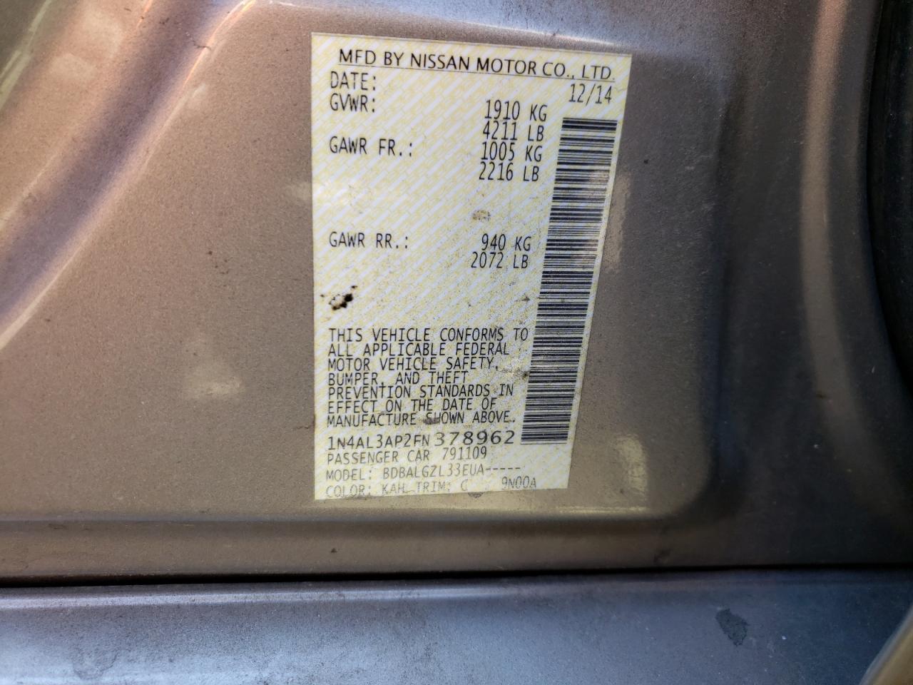 Photo 10 from auction – 2015 NISSAN ALTIMA 2.5 with VIN 1N4AL3AP2FN378962
