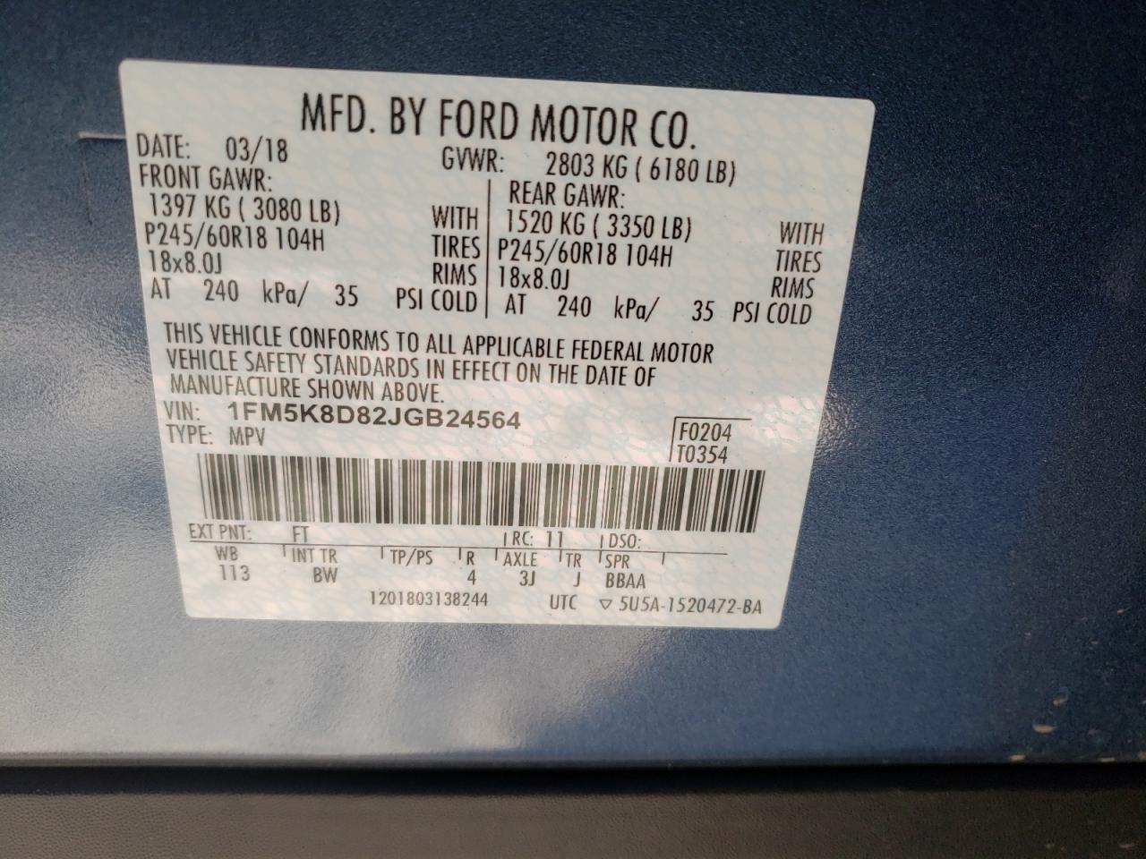 Photo 10 from auction – 2018 FORD EXPLORER X with VIN 1FM5K8D82JGB24564