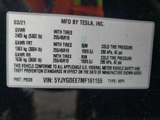 Photo 10 from auction – 2021 TESLA MODEL Y with VIN 5YJYGDEE7MF161155