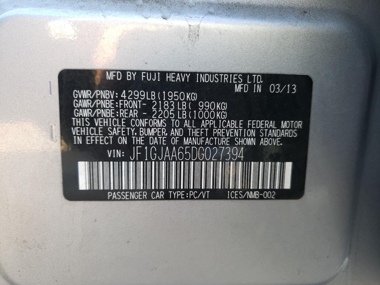 Photo 10 from auction – 2013 SUBARU IMPREZA with VIN JF1GJAA65DG027394