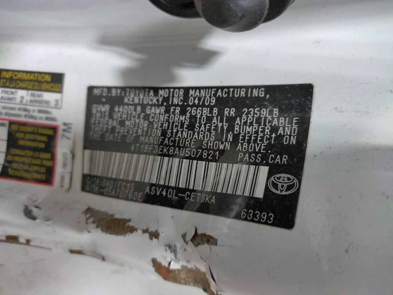 Photo 10 from auction – 2010 TOYOTA CAMRY BASE with VIN 4T1BF3EK8AU507821