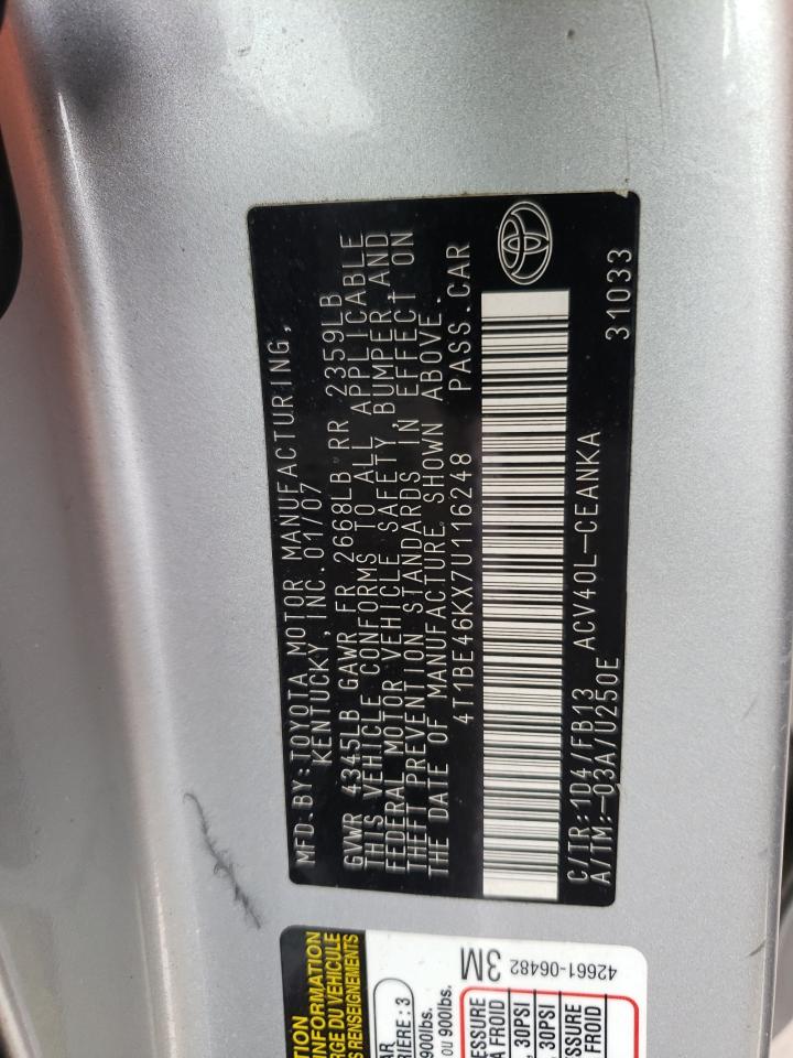 Photo 10 from auction – 2007 TOYOTA CAMRY CE with VIN 4T1BE46KX7U116248