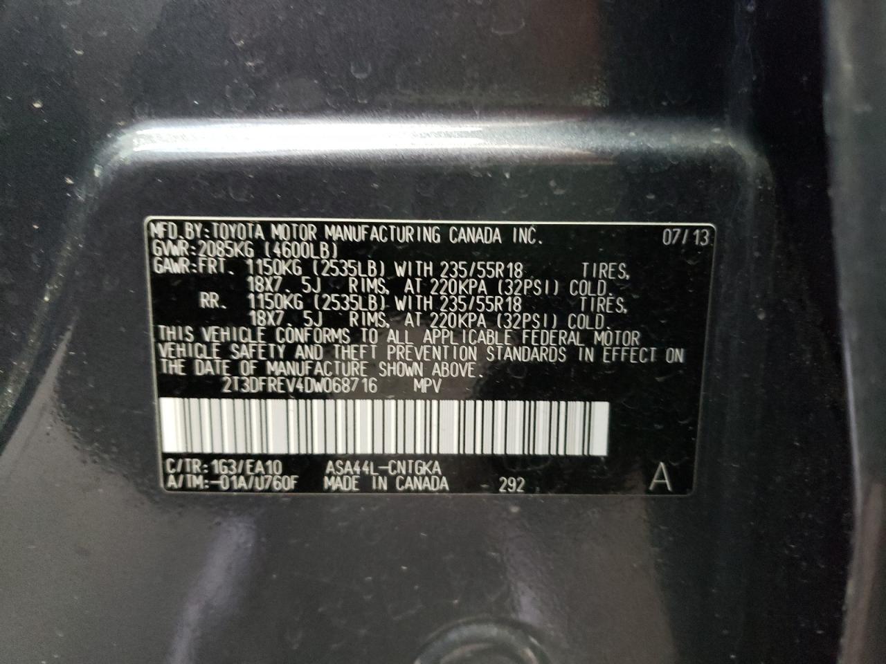 Photo 10 from auction – 2013 TOYOTA RAV4 LIMIT with VIN 2T3DFREV4DW068716