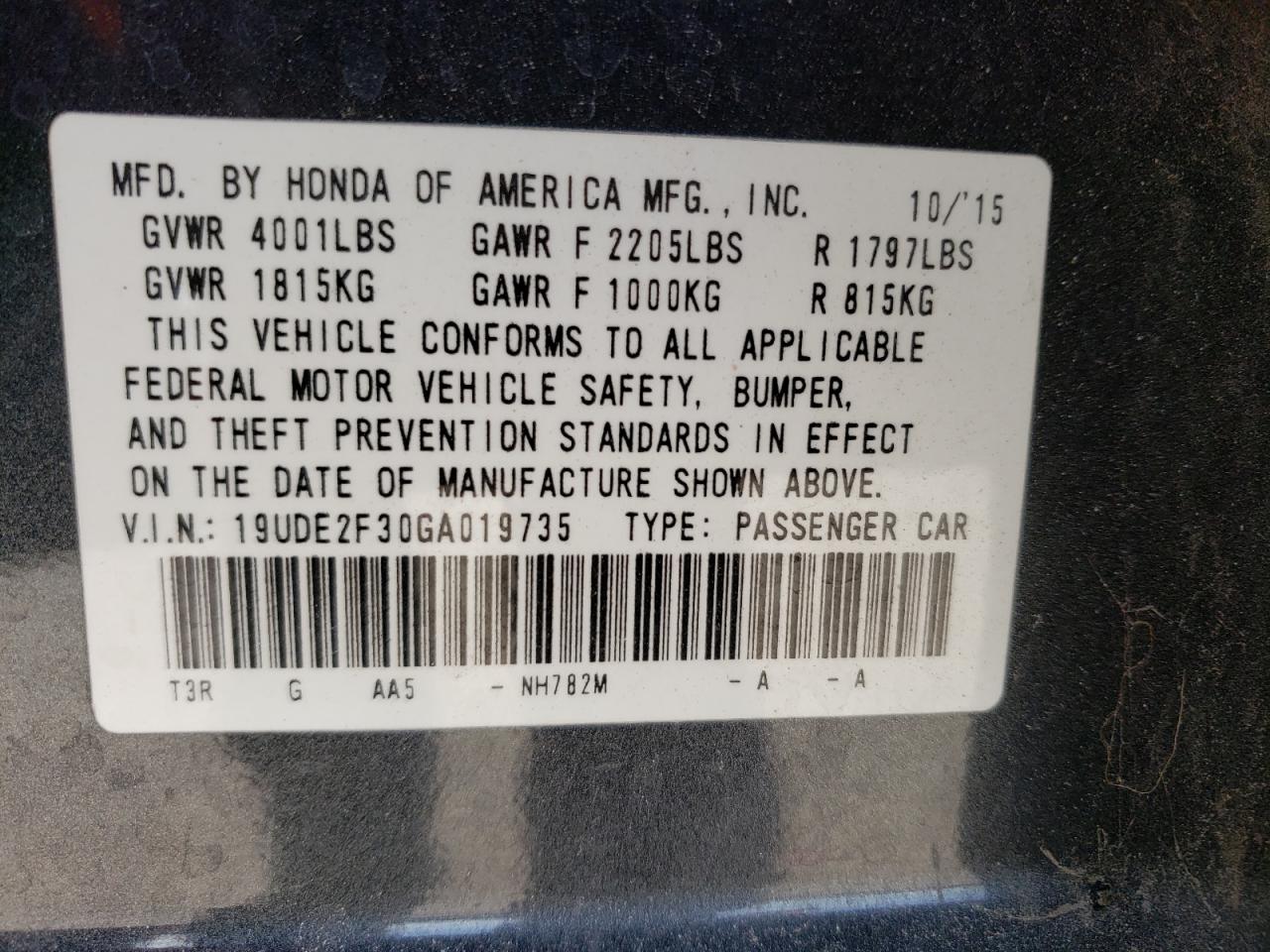 Photo 10 from auction – 2016 ACURA ILX BASE W with VIN 19UDE2F30GA019735