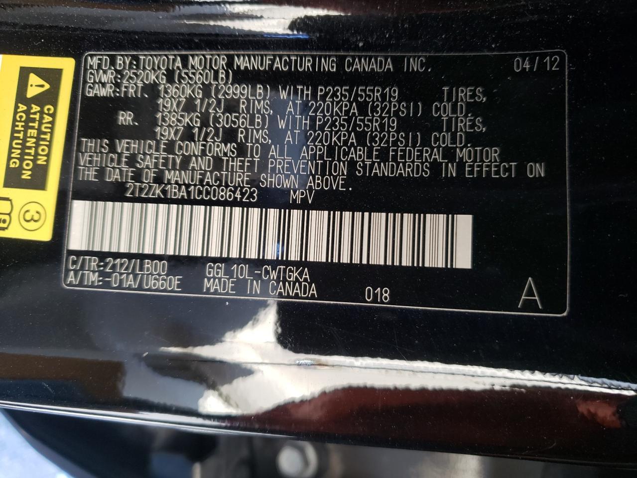Photo 10 from auction – 2012 LEXUS RX 350 with VIN 2T2ZK1BA1CC086423