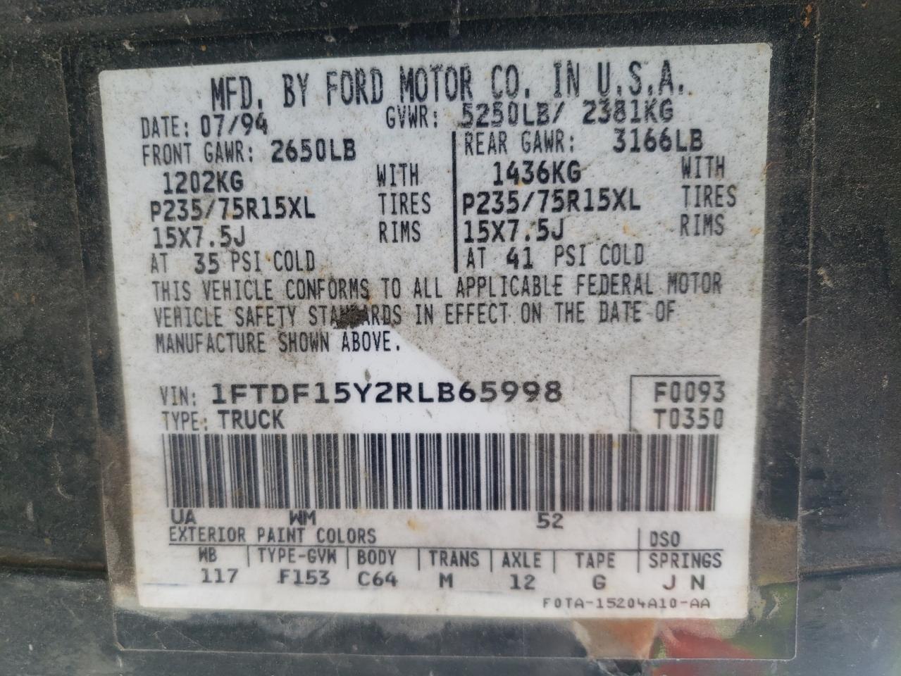 Photo 10 from auction – 1994 FORD F150 with VIN 1FTDF15Y2RLB65998