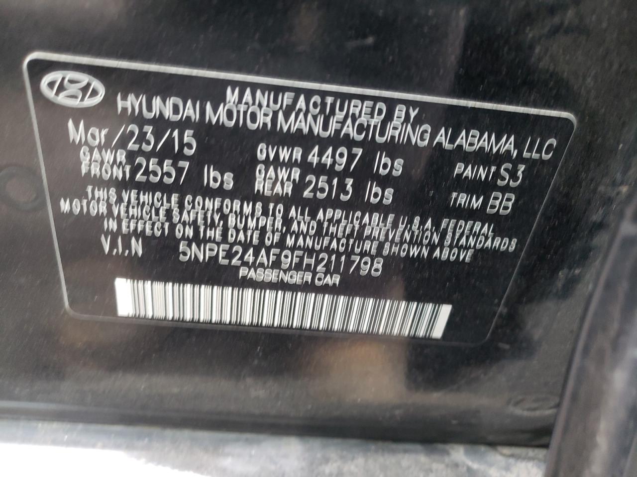 Photo 10 from auction – 2015 HYUNDAI SONATA SE with VIN 5NPE24AF9FH211798