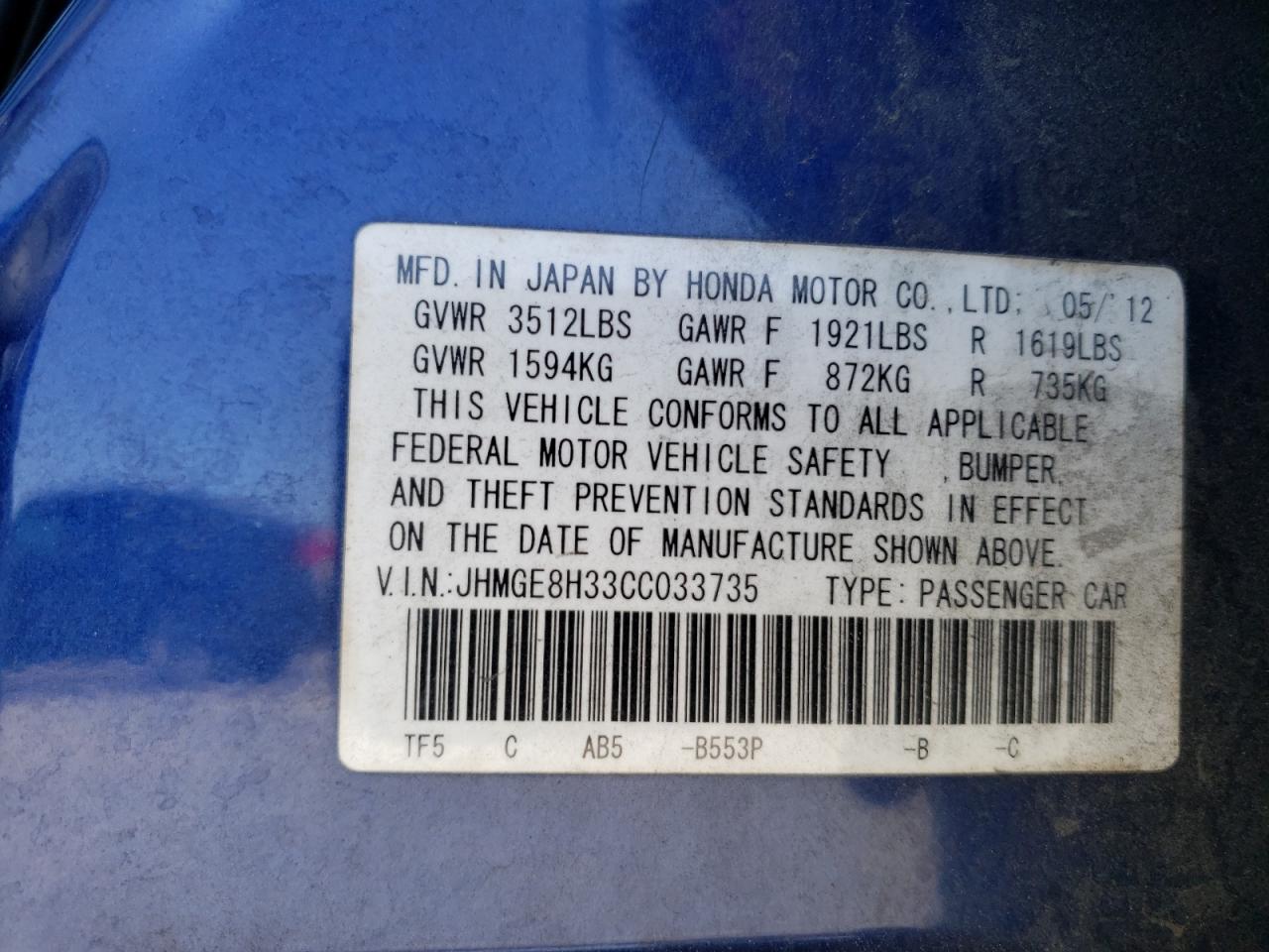 Photo 10 from auction – 2012 HONDA FIT with VIN JHMGE8H33CC033735