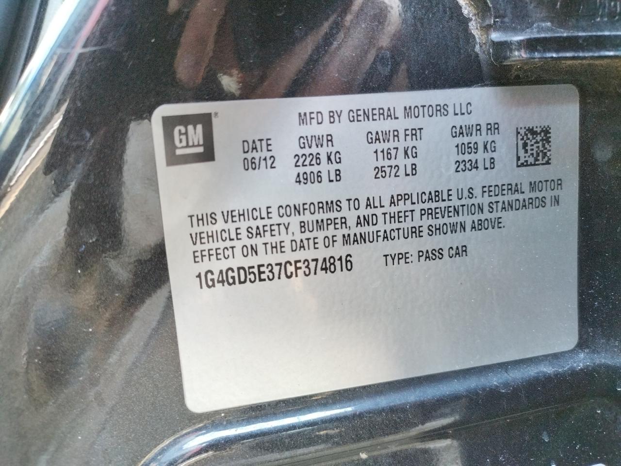 Photo 10 from auction – 2012 BUICK LACROSSE P with VIN 1G4GD5E37CF374816