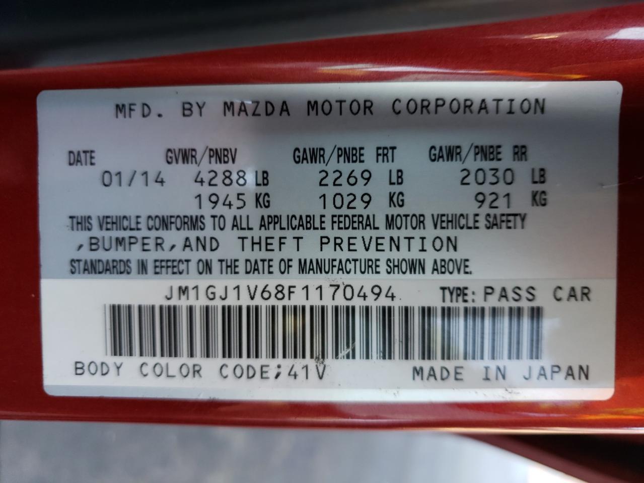 Photo 10 from auction – 2015 MAZDA 6 TOURING with VIN JM1GJ1V68F1170494