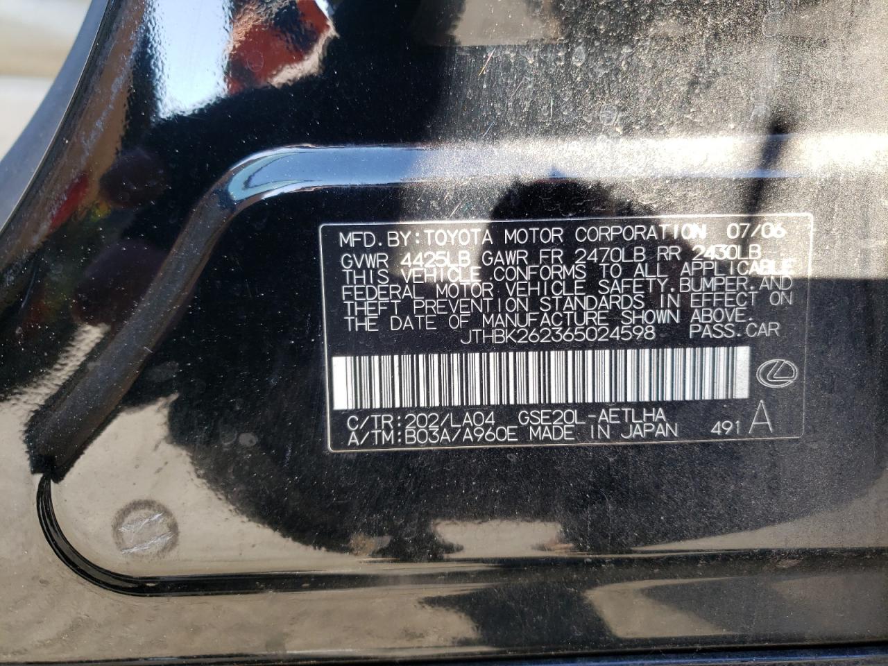 Photo 10 from auction – 2006 LEXUS IS 250 with VIN JTHBK262365024598