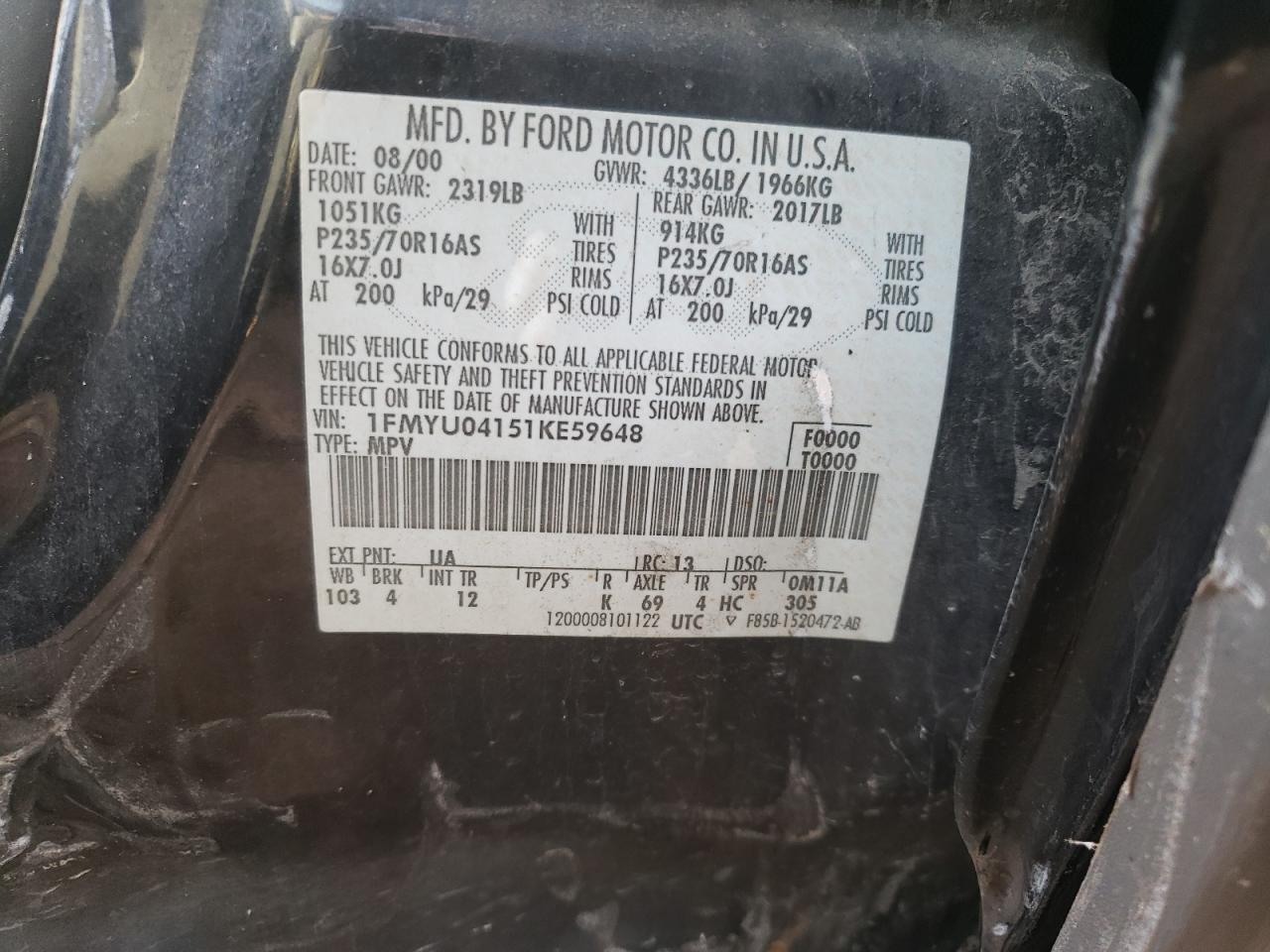 Photo 10 from auction – 2001 FORD ESCAPE XLT with VIN 1FMYU04151KE59648