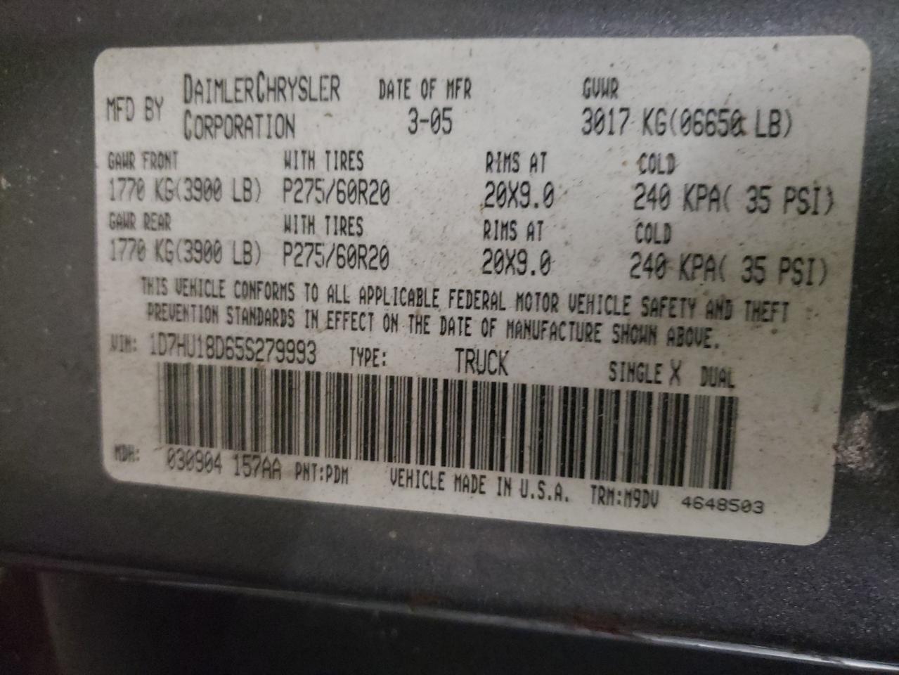Photo 10 from auction – 2005 DODGE RAM 1500 S with VIN 1D7HU18D65S279993